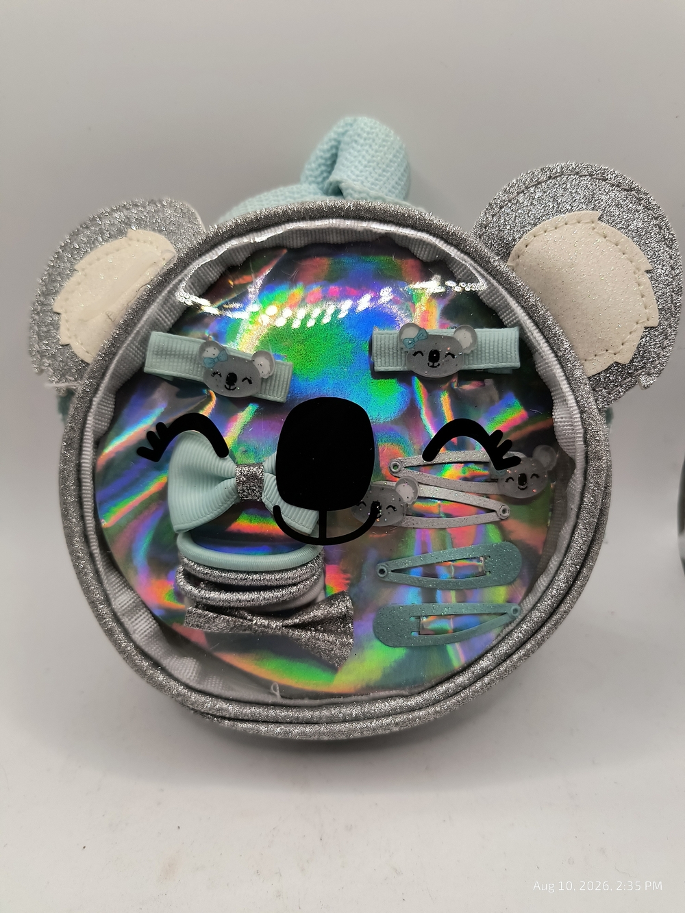 Kids Silver Clear Holographic Koala Hair Accessory Set And Carry Bag Light Blue